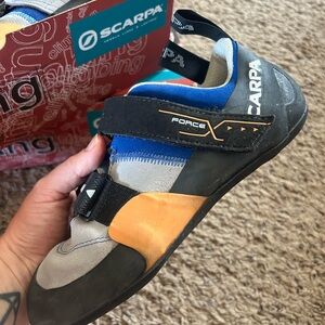 Scarpa Force X Climbing Shoes with Orange and Blue Accents